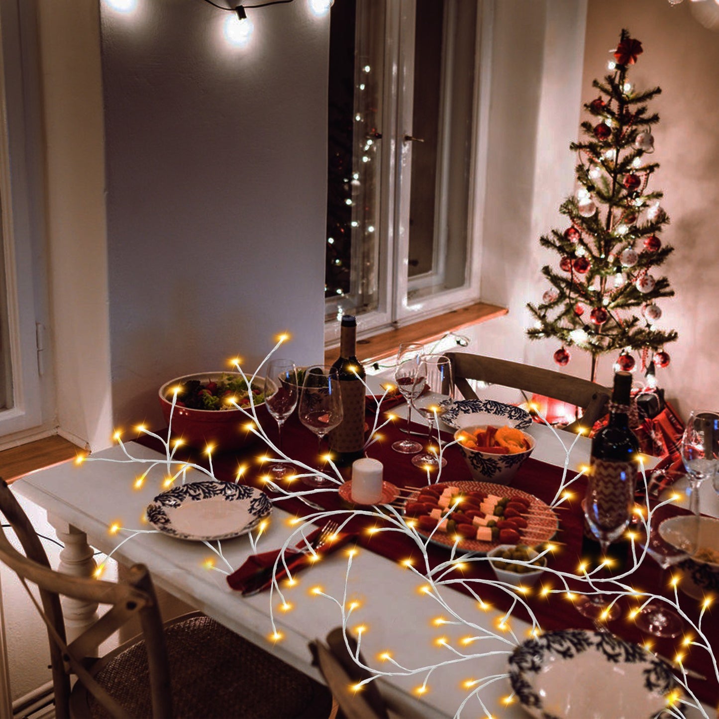 1Pc 7.87FT Lighted Birch Garland Lighted Twig Vine Lights 144LED Birch Garland With Lights String Light With Timer 8 Modes IP45 Waterproof For Christmas Fireplace Home Decoration